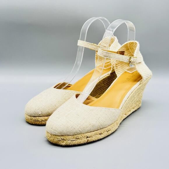 J Crew Sandals Womens 9.5 Beige Canvas Espadrille Wedge Closed Toe Ankle Strap - Picture 4 of 12